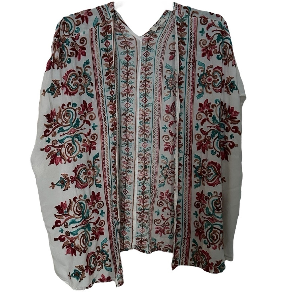 Umgee Kimono Floral Poncho Feminine White & Red Open Front Loose Fit Size OS